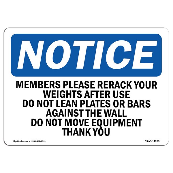 Safety Sign, OSHA Notice, 18" Height, Members Please Rerack Your Weights After Sign, Landscape